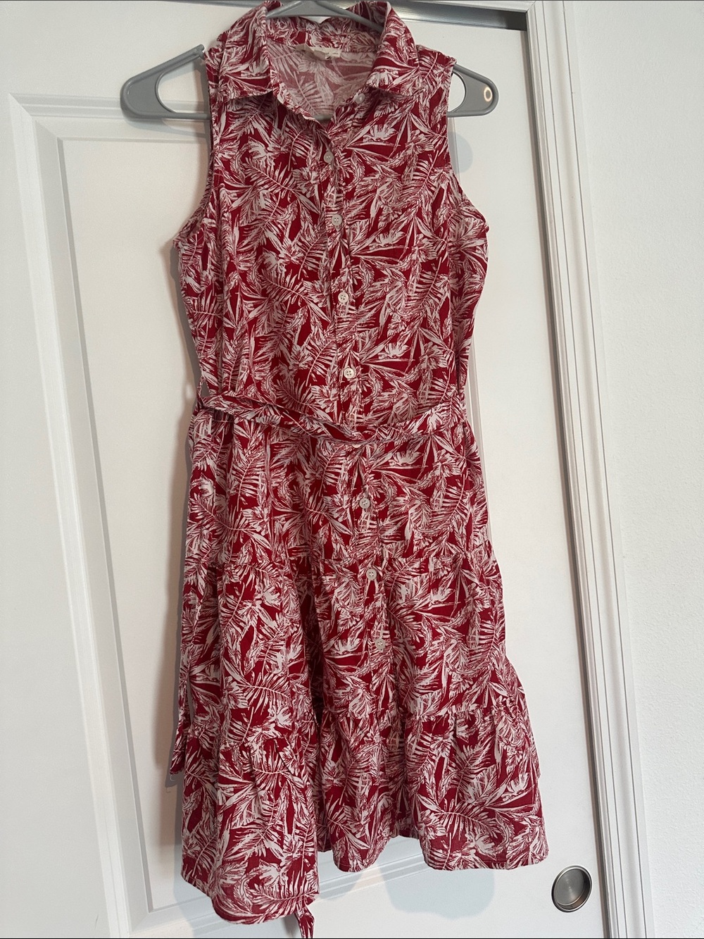 Sleeveless Red Tropical Print Shirt Dress with Self-Tie Waist